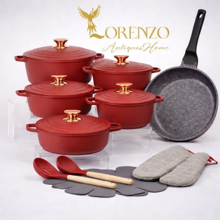 طقم طناجر 18 قطعة أحمر من DONNOR – سكب غير لاصقة